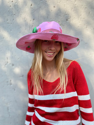 wide brimmed sun hat with strawberries