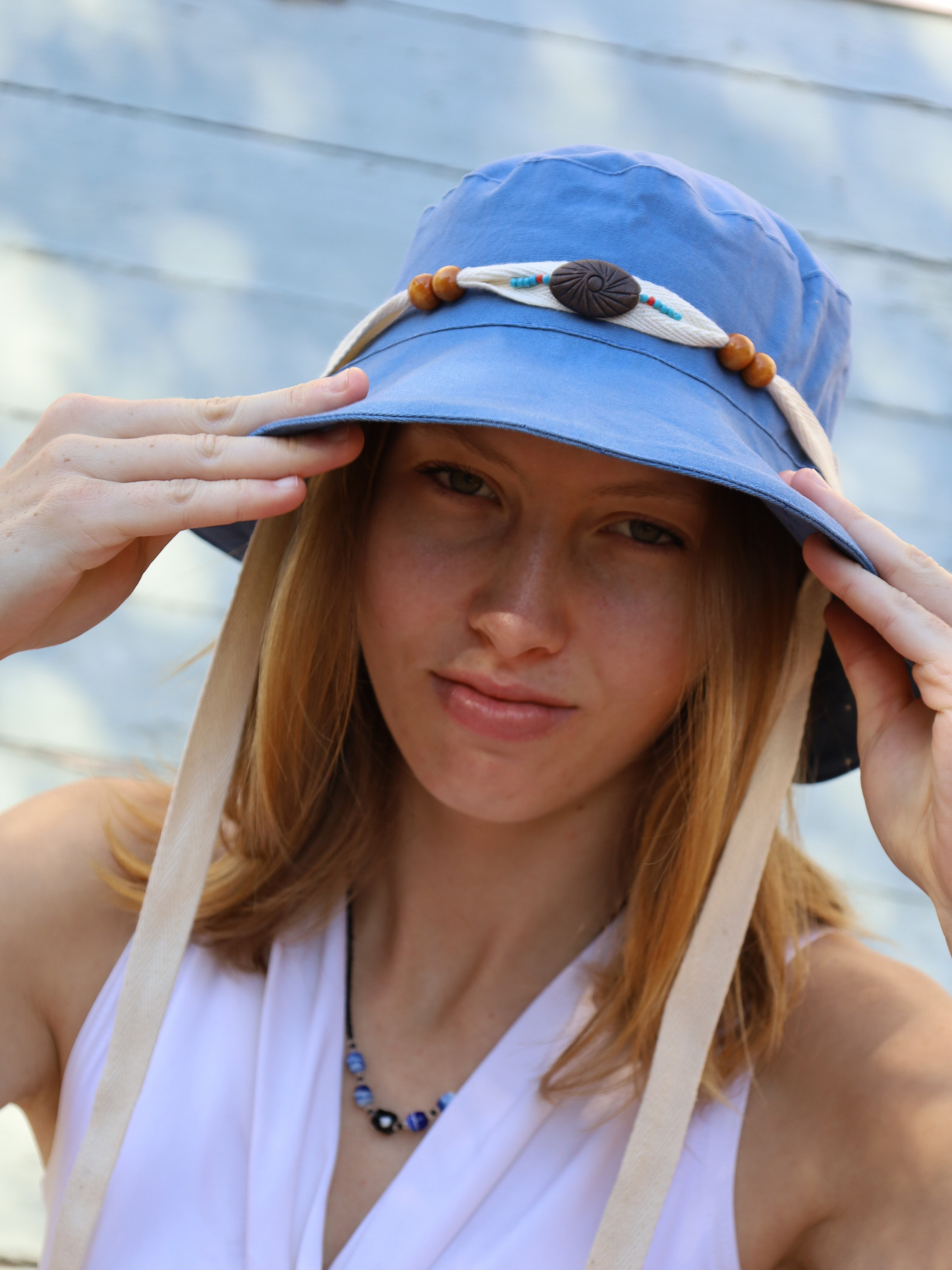 Blue Midi Sun hat with beads. Made in South Africa