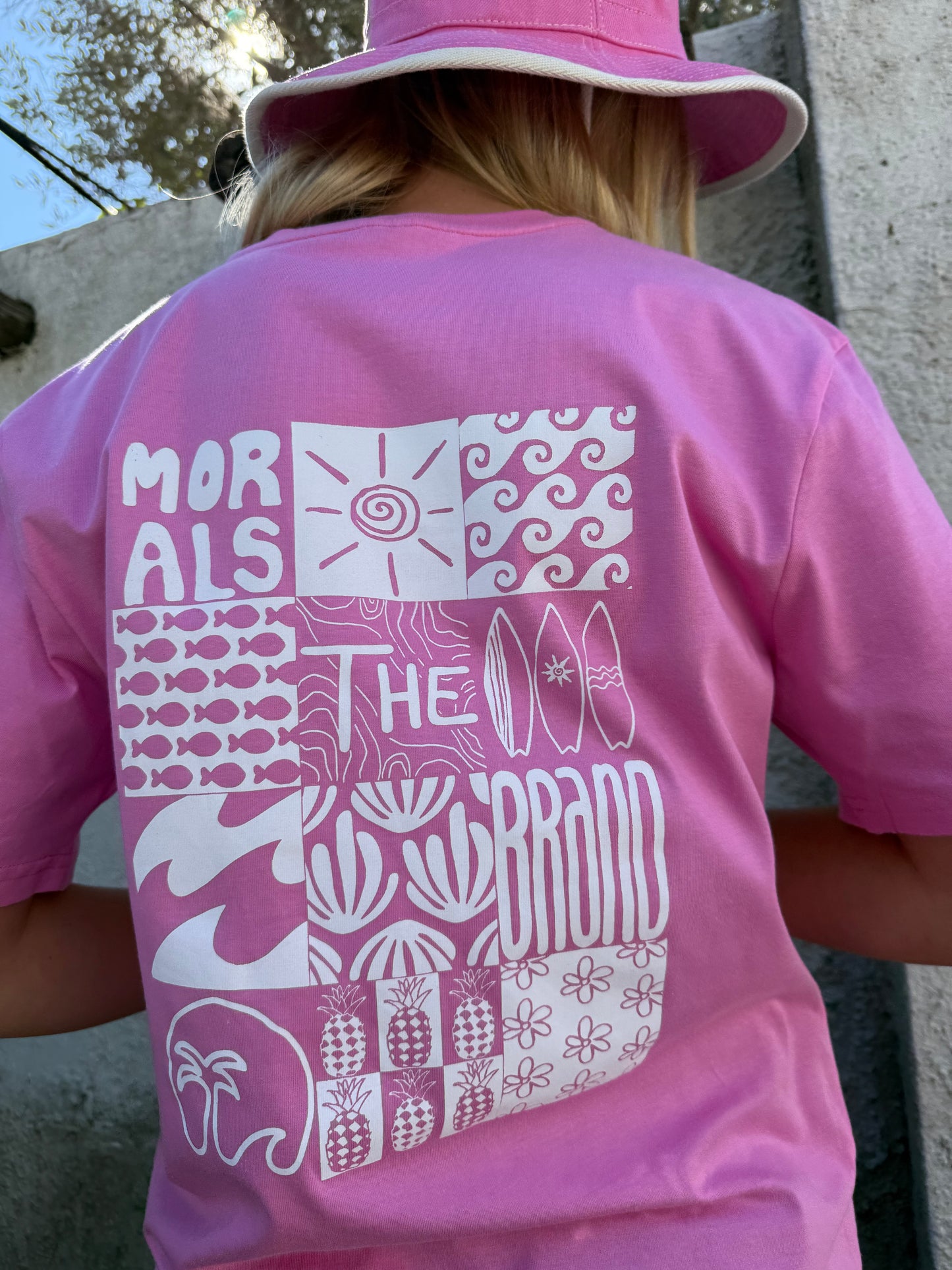 Morals the brand Tshirt with beach graphic in pink