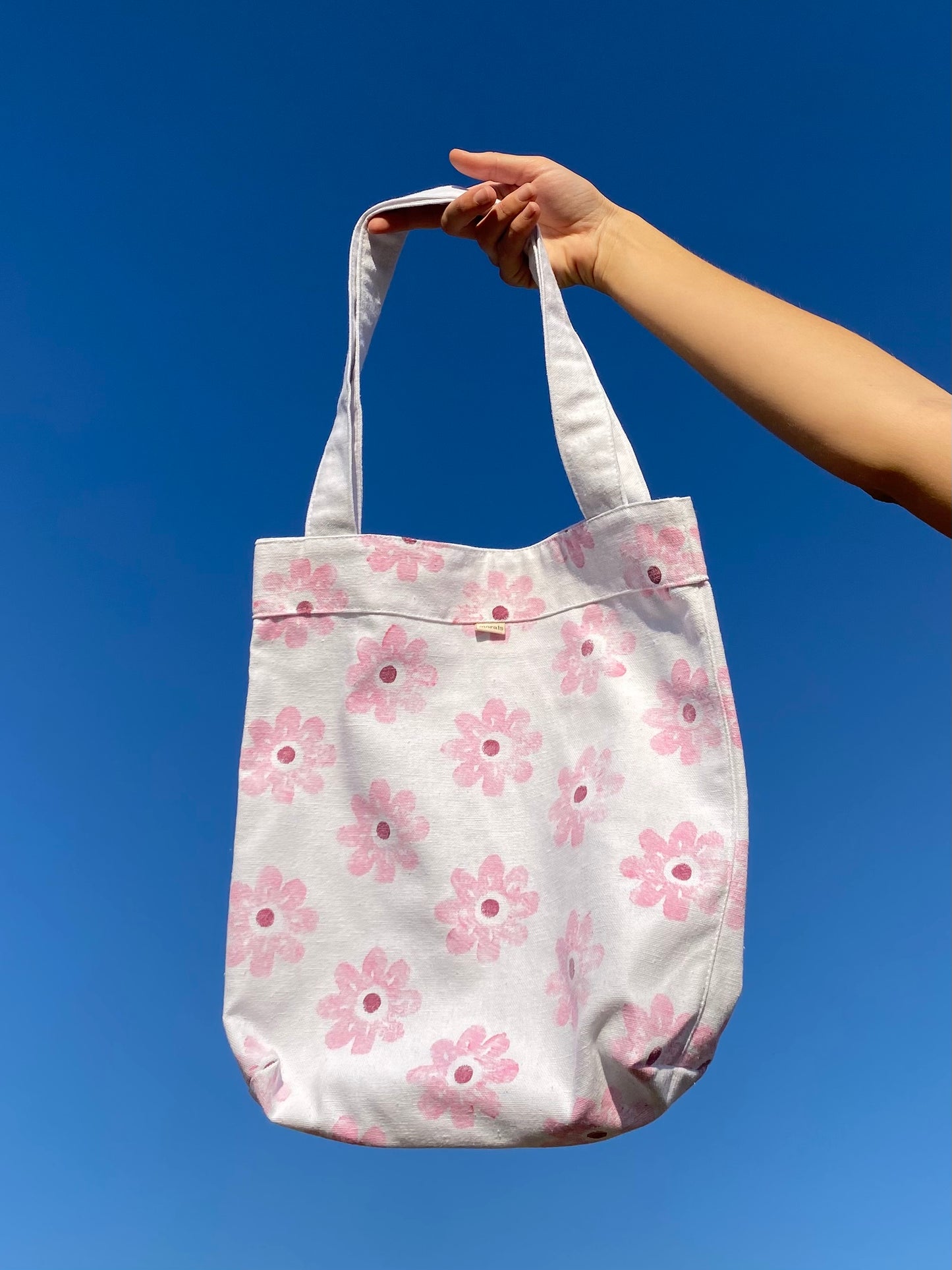 Handmade tote bag with pink flowers made by morals the brand