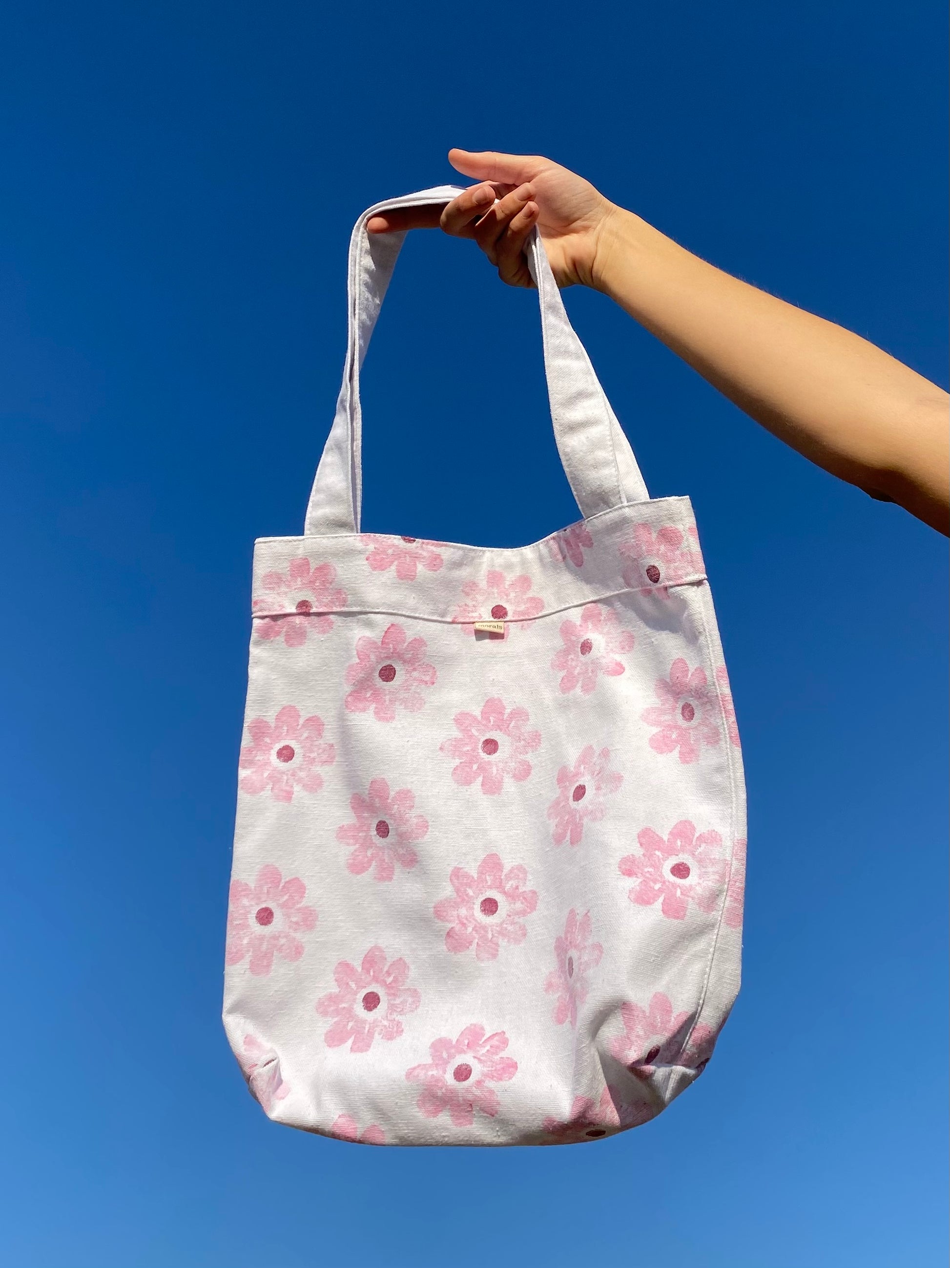 Handmade tote bag with pink flowers made by morals the brand
