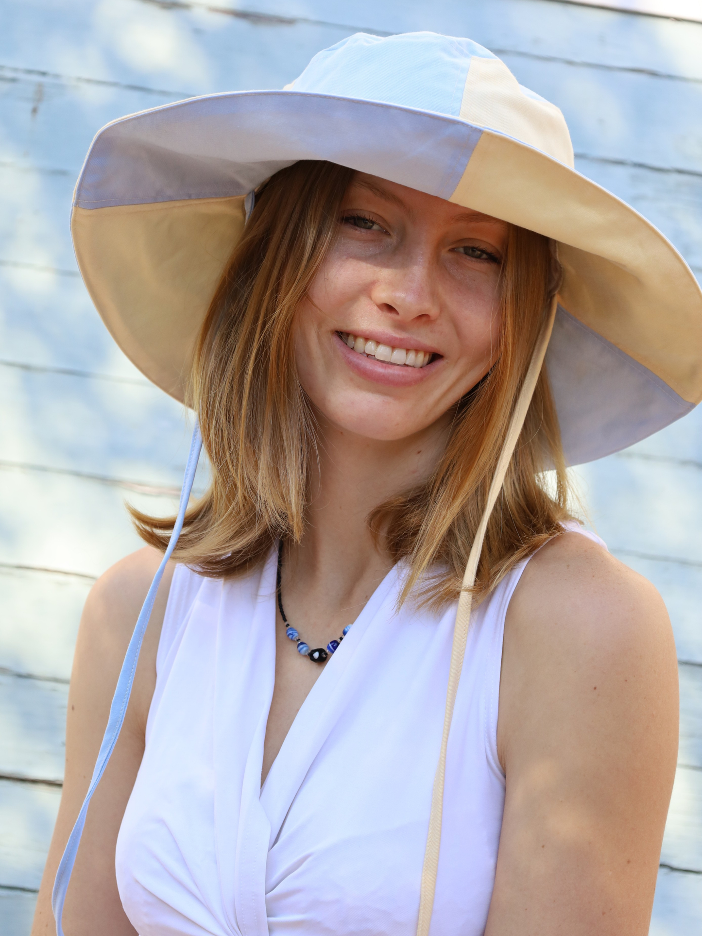 Handmade sun hat in blue and yellow