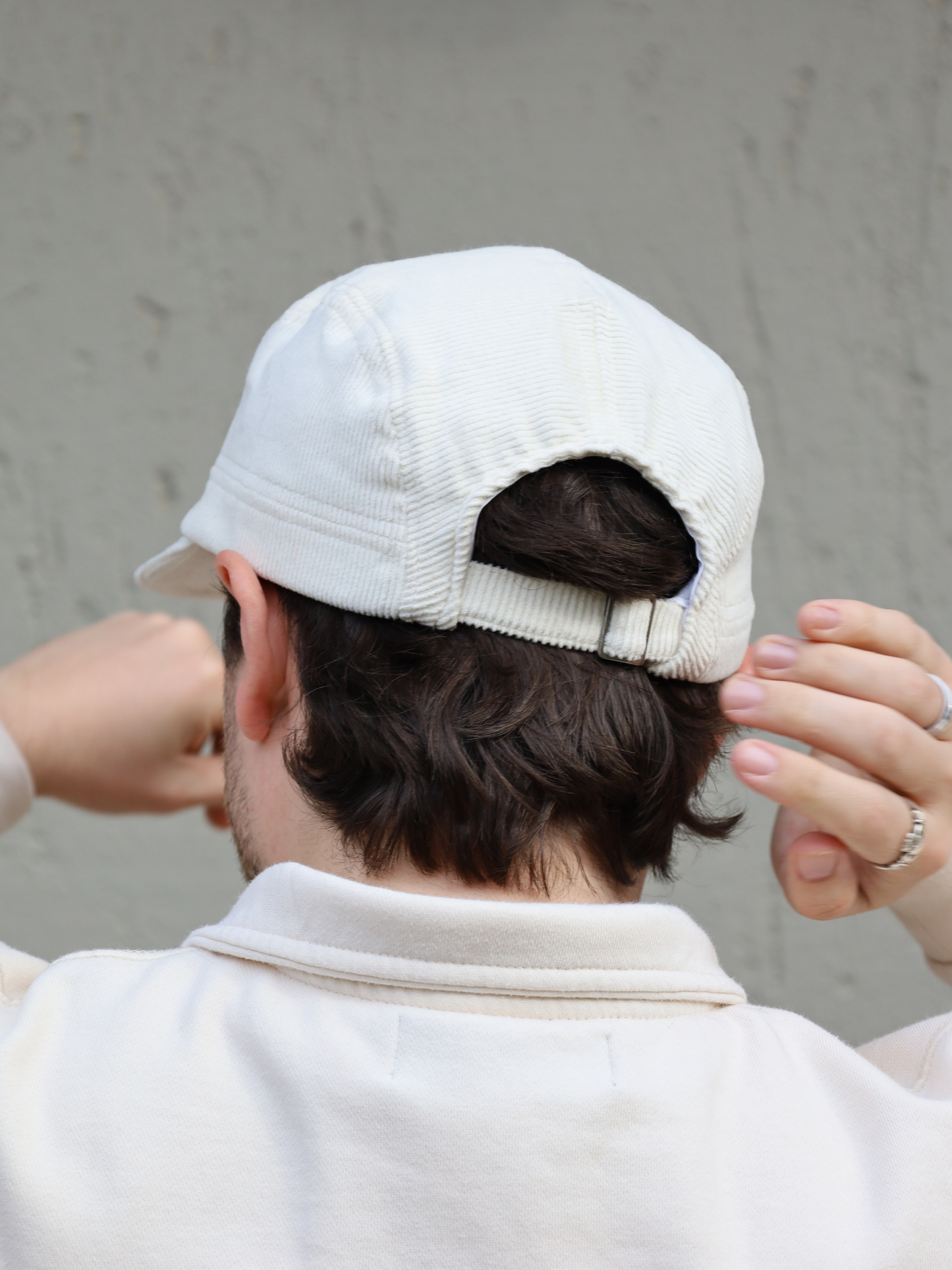 Cream corduroy cap with adjustable back
