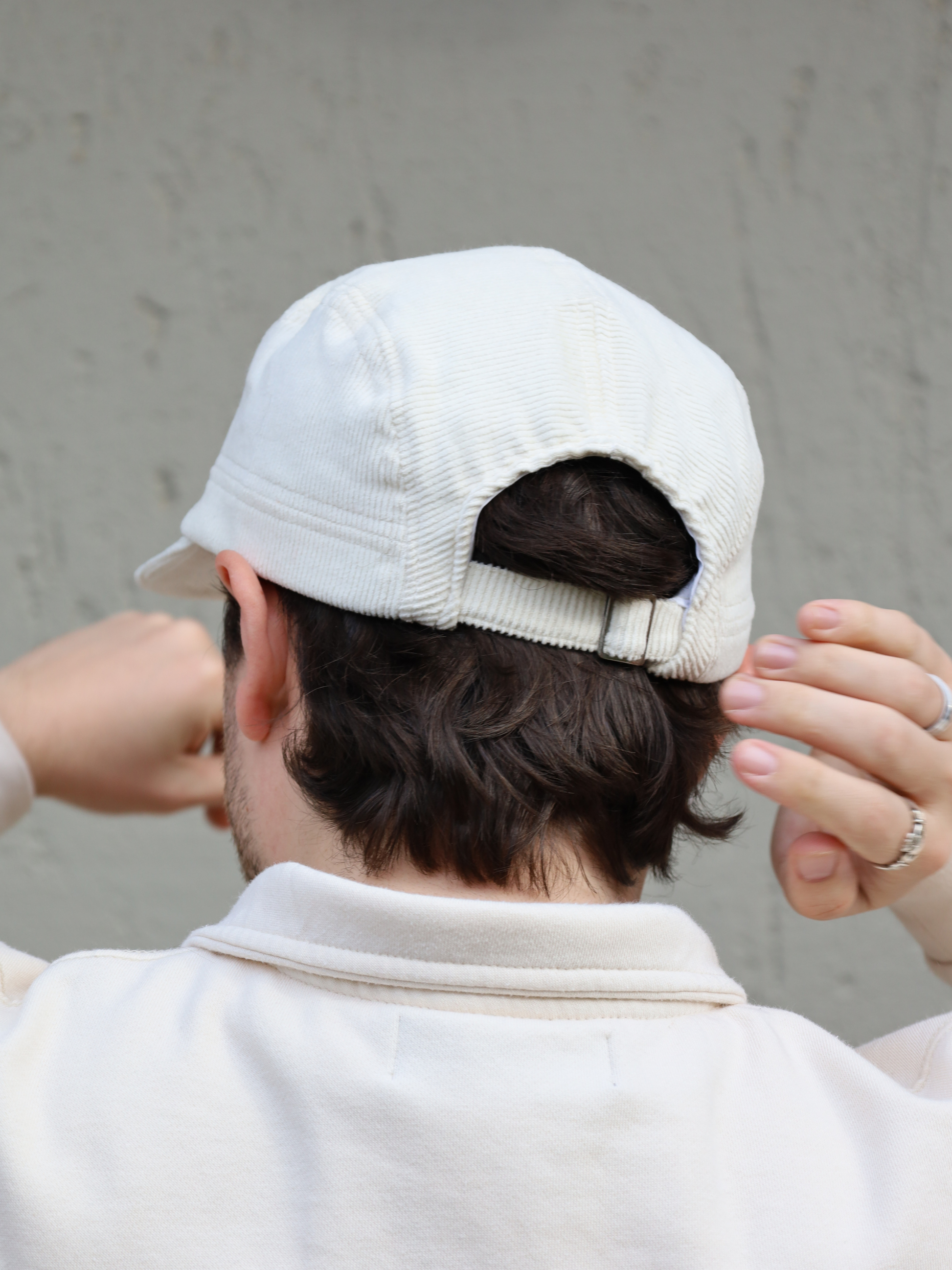 Cream corduroy cap with adjustable back