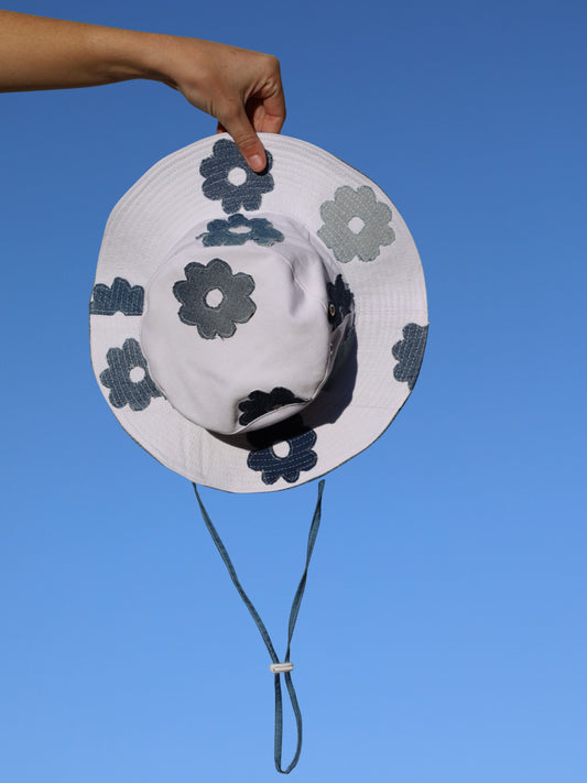 Handmade fishermen hat with denim recycled flowers 