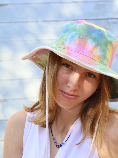 Tie dye fishermen hat with cotton webbing. Made in South Africa