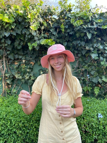 Pink peachy fabric hat handmade by morals the brand