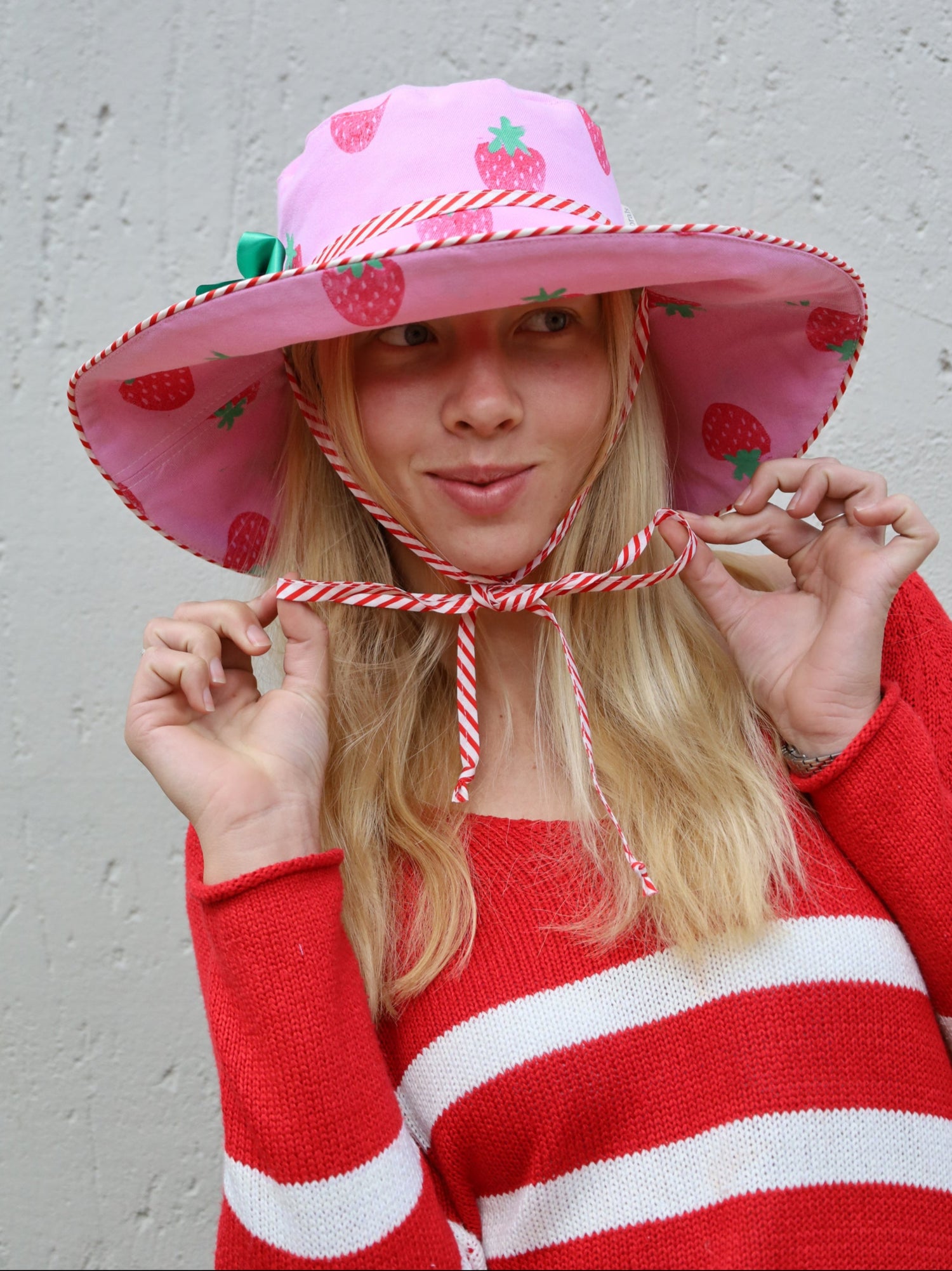 Handmade Morals the brand sun hat in pink with strawberry print
