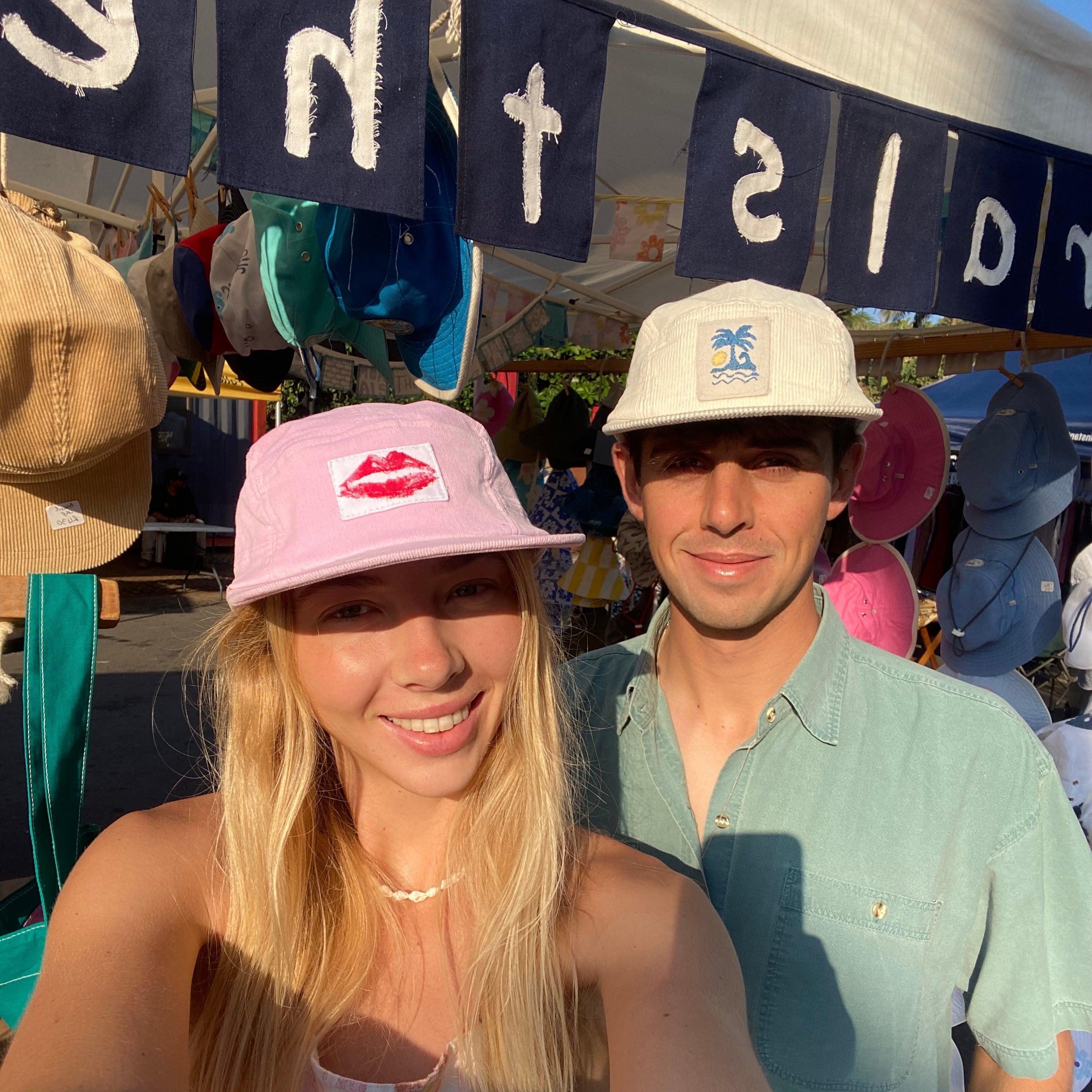Pink and cream corduroy flat caps made in SA by Morals the brand