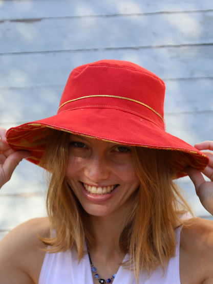 Red Midi Sun Hat with gold detailing inspired by Harry Potter