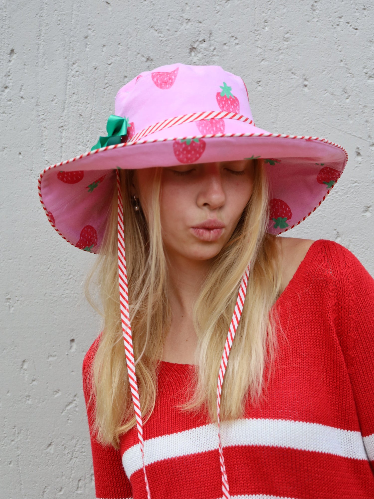 Pink strawberry printed sun hat made by morals the brand