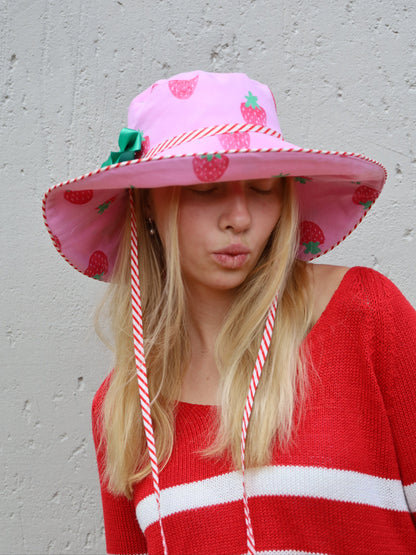 Pink strawberry printed sun hat made by morals the brand
