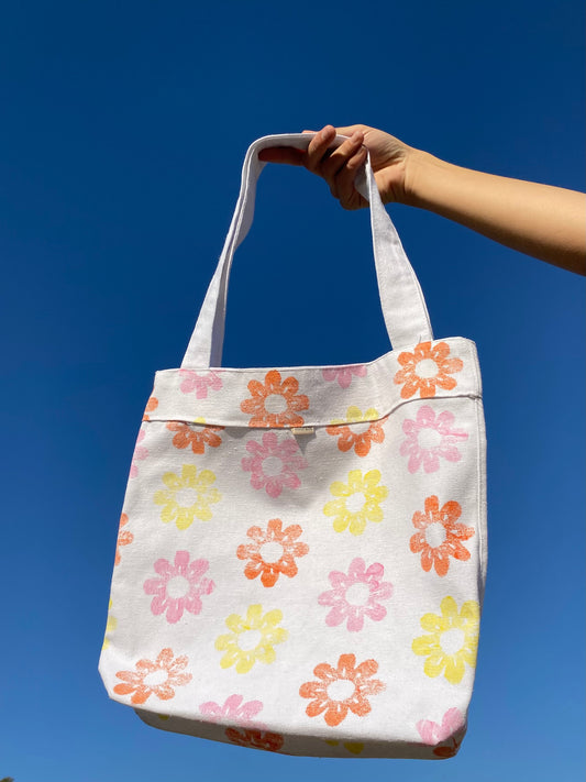 Handmade tote bag by morals the brand with pink, yellow and orange flowers