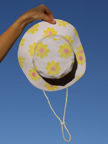 White sun hat with yellow floral patterns held against a blue sky